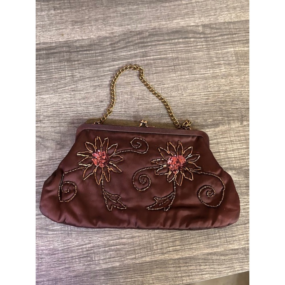 Vintage 1940s Brown Satin Beaded Floral Evening Bag Kiss Lock Chain Purse